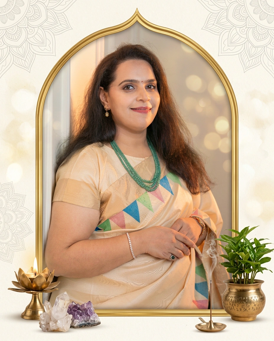 Shilpa Ranjeet Dugar — Award Winning Vastu Consultant portrait in ornate gold arched frame with lotus candle, crystals and plant