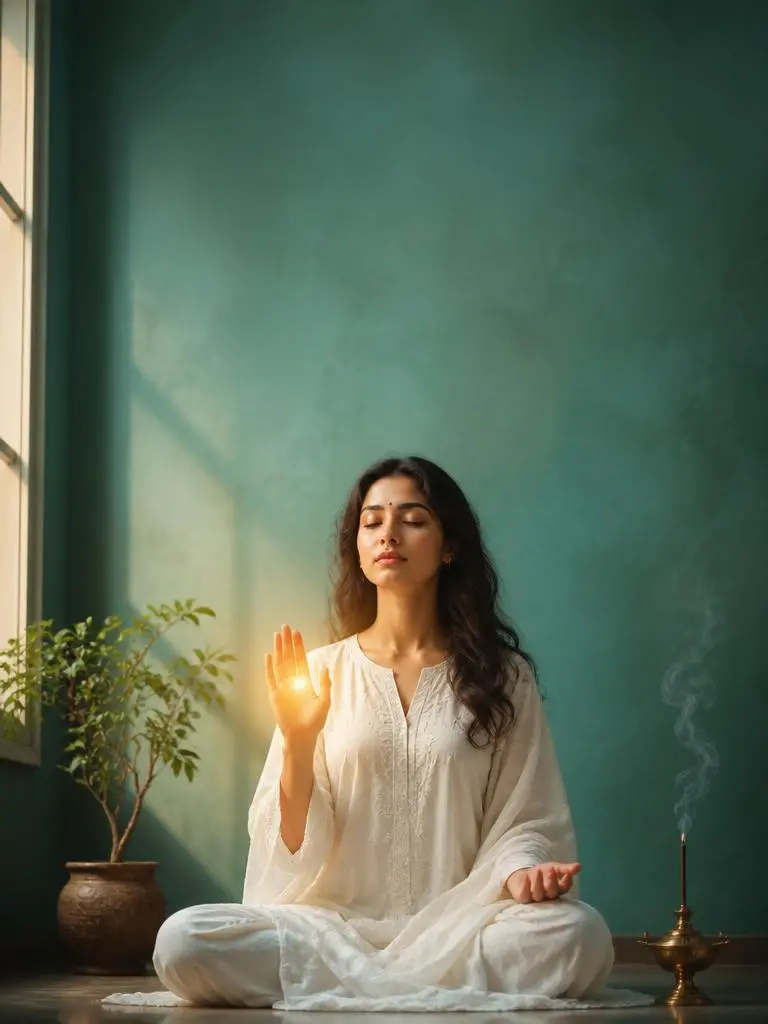 Woman in serene meditation pose — energy alignment session