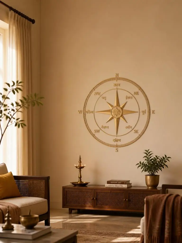 Warm, softly lit living room with sacred geometry artwork — Vastu consultation